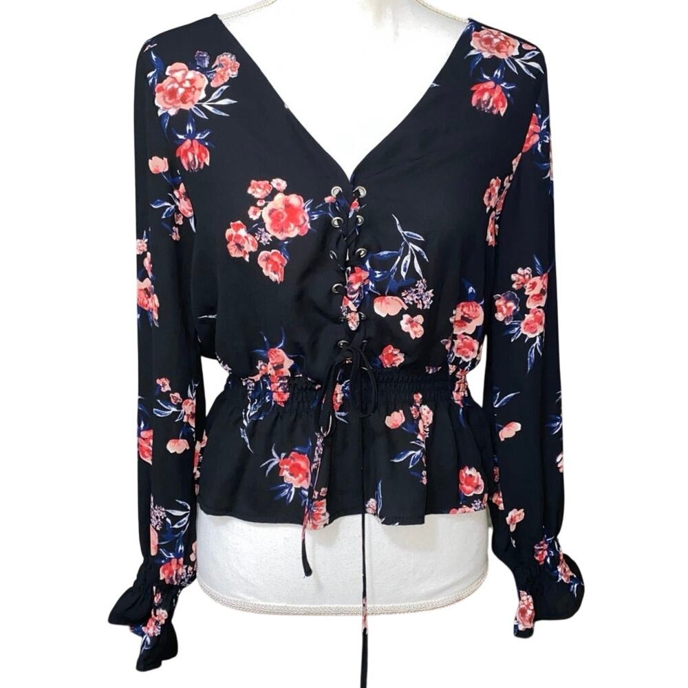Women's Floral lace up ruffle blouse deep v neck divided size 6 cinched waist